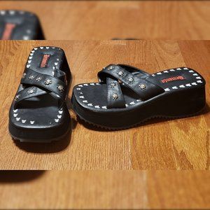 Demonia Black Gothic Skull FLIP-05 Platform Slip-on Wedge Sandals,  Size 9